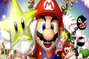 Screenshot from a Mario Party GameCube minigame showing four characters competing, with the text “Best GameCube Party Games” overlayed